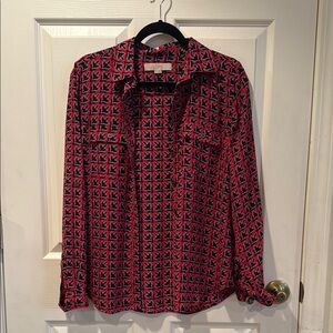 LOFT Red & Blue Button-Down Long Sleeve Top